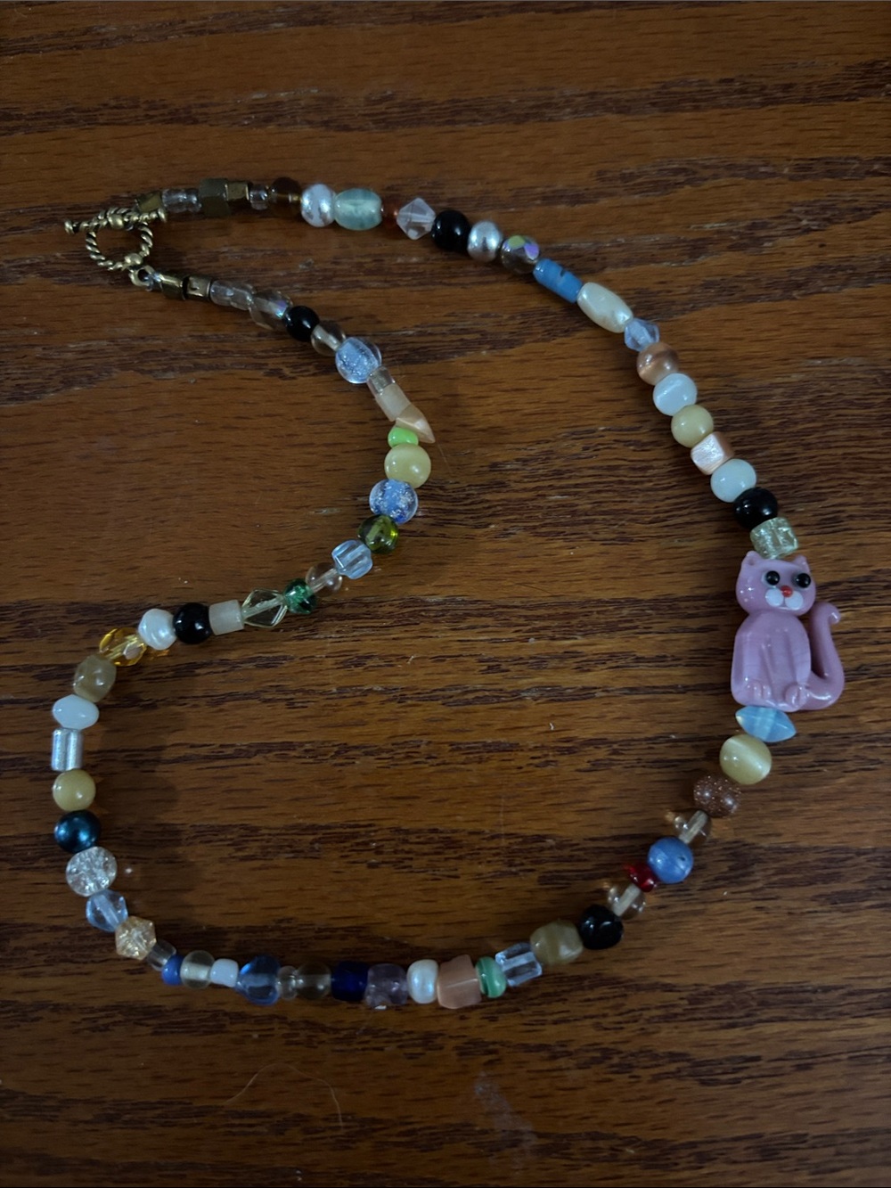 Handmade Multicolor Beaded Necklace with Pink Cat Charm